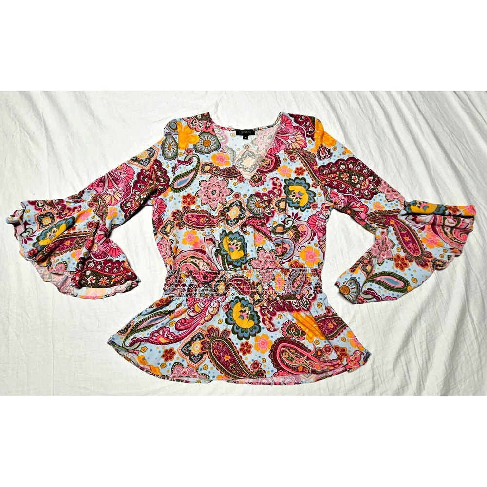 1.STATE Paisley Bell Sleeve Top Womens Medium Multi Smocked Waist Boho Blouse